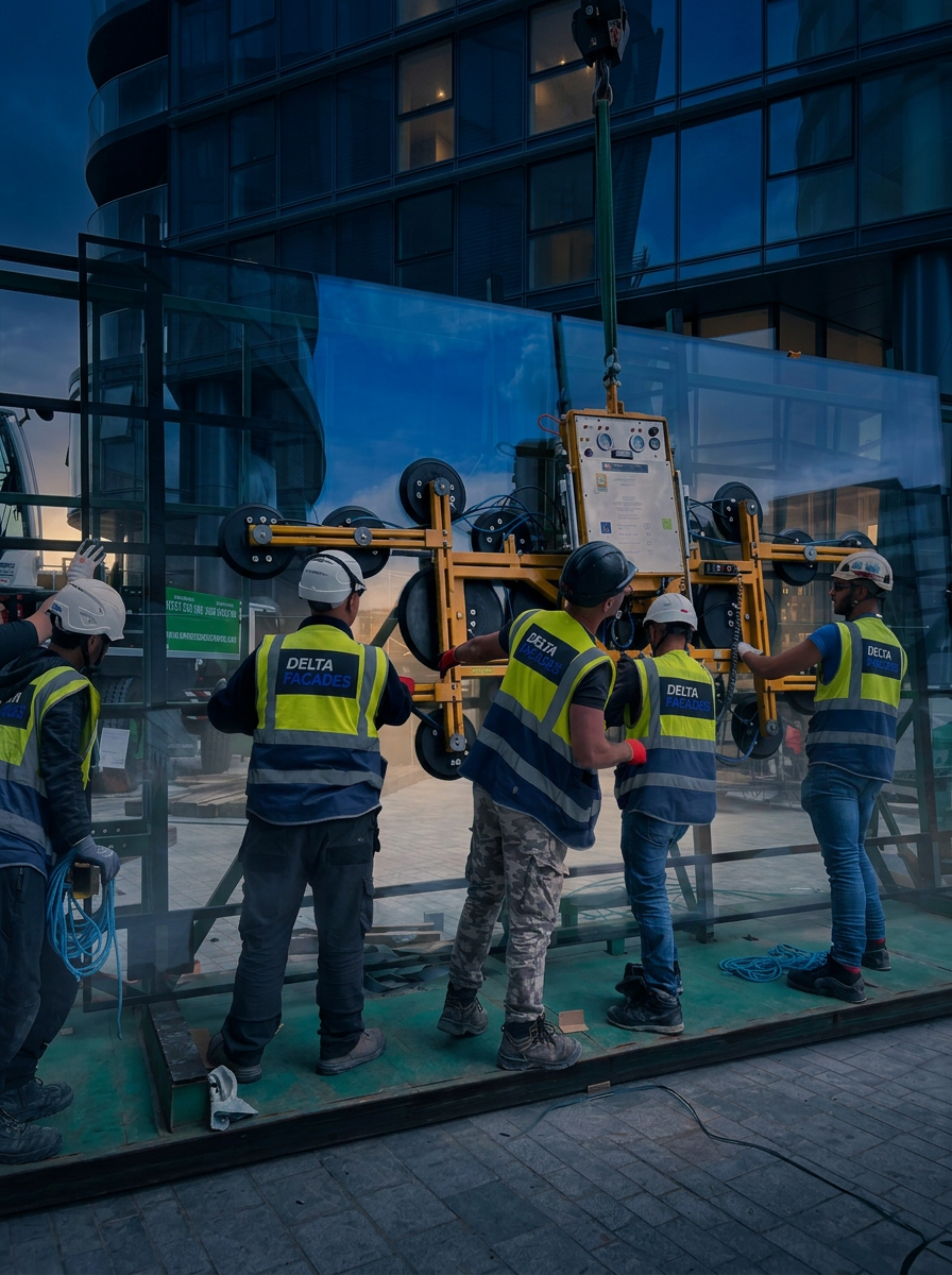 Facade installer in full PPE at blue hour