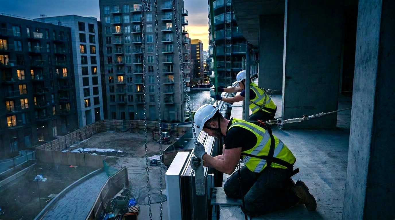 Facade installers in safety harnesses at twilight